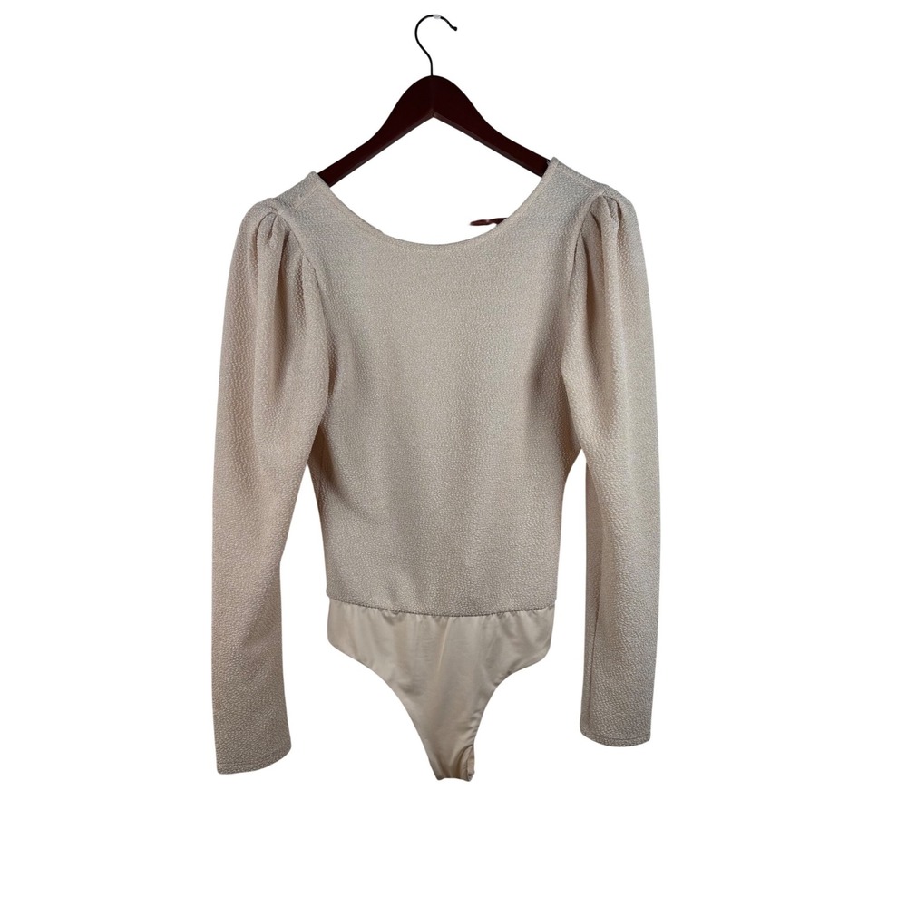 ASTR The Label Bodysuit Womens M Champagne Shimmer Puff Sleeve Wrap Front V Back